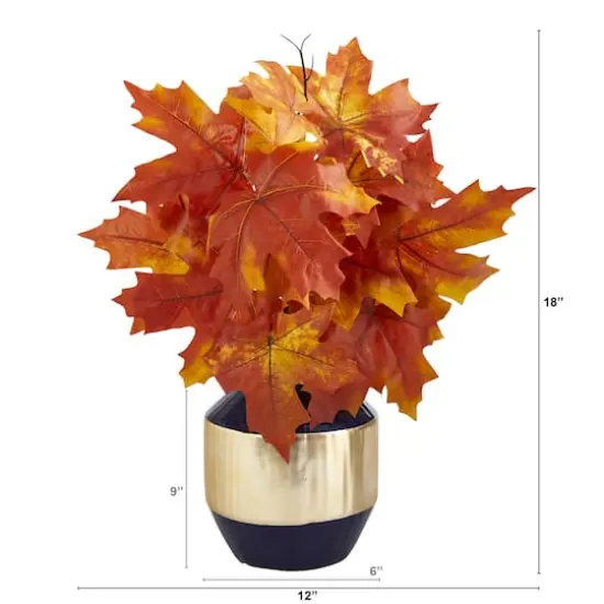 18" Autumn Maple Leaf Plant in Decorative Blue & Gold Planter {3}