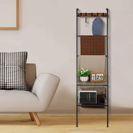 NEX&trade; 64" Black Blanket Ladder Leaning Towel Holder with 2 Metal Baskets {6}