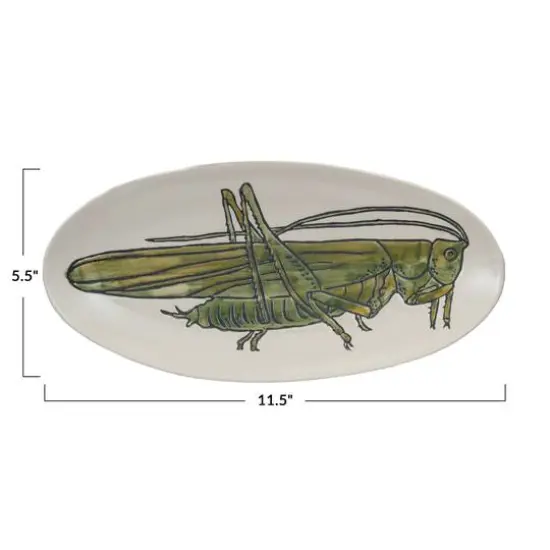 Hello Honey&reg; 11.5" Green & White Hand-Painted Grasshopper Stoneware Plate {6}