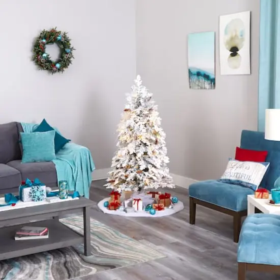 5ft. Pre-Lit Flocked Montana Down Swept Spruce Artificial Christmas Tree with Clear LED Lights {7}