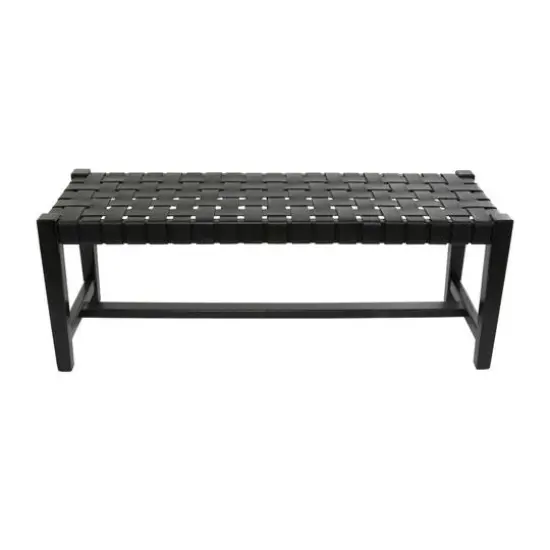 47" Black Leather Handmade Woven Seat Bench {5}