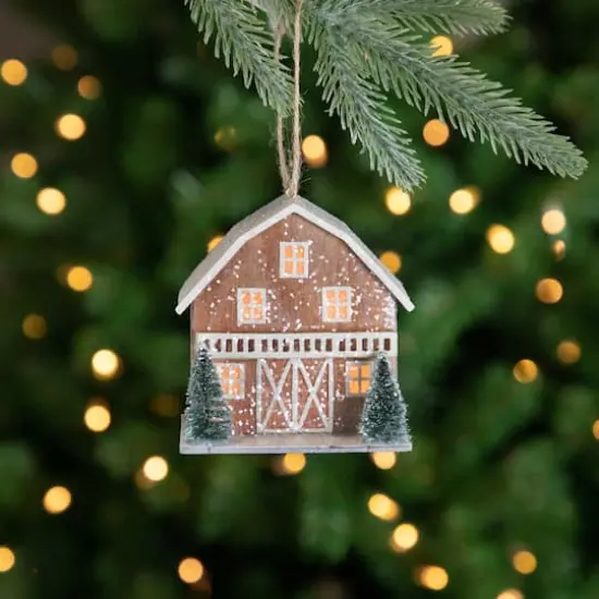 4" Battery Operated Lighted Rustic House with Trees Christmas Ornament {3}