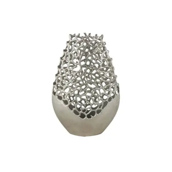 21" Silver Aluminum Metal Rounded Vase with Freeform Open Lattice Work {11}