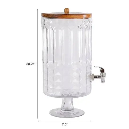 Hello Honey 8-Quart Cut Glass Beverage Dispenser with Plastic Spout and Acacia Wood Lid, Silver Color and Natural {11}