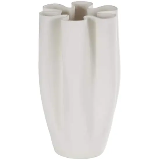 White Ceramic Abstract Ribbed Dimensional Folded Vase with Floral Shaped Rim {1}