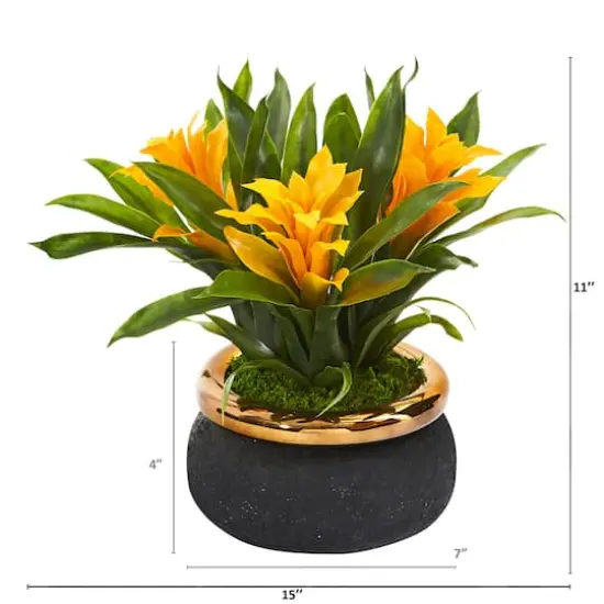 11" Bromeliad Artificial Plant in Stoneware Planter {3}
