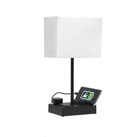 Simple Designs 15.3" Table Lamp with 2 USB Ports & Charging Outlet Black Base/White Shade {8}