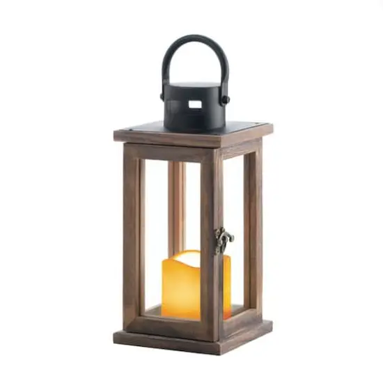 10.75" Lodge Wooden Lantern with LED Candle {5}