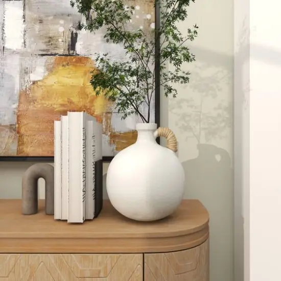 11" White Ceramic Jug Inspired Vase with Rattan Wrapped Handle {8}