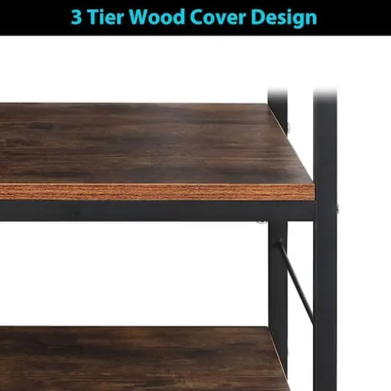 Rustic Brown Wood Kitchen Carts 3-Tier Rolling Rack with 10 Hooks {4}