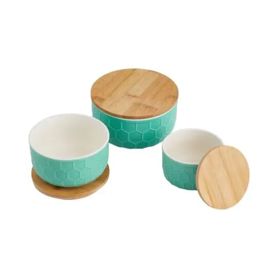 Hello Honey&reg; Mint Green Ceramic Bowls with Bamboo Lids Set {4}