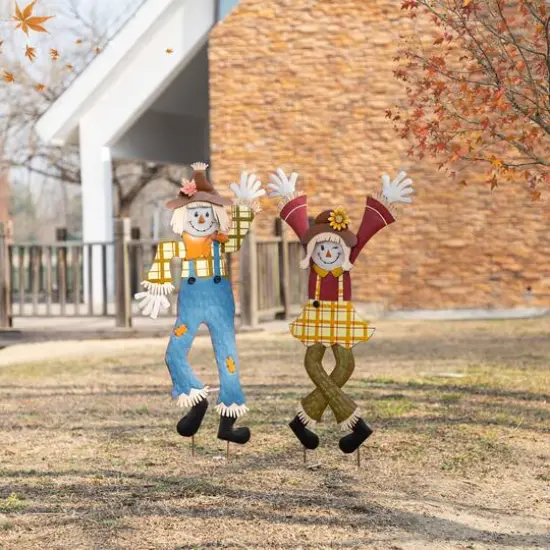 Glitzhome&reg; 36" Fall Metal Scarecrow Yard Stake Set {4}