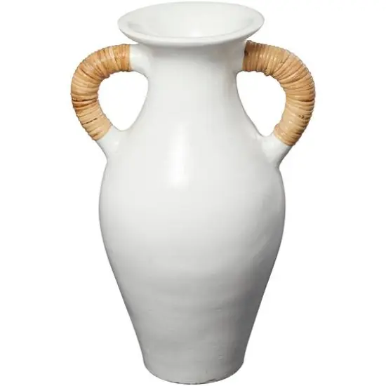 21" White Ceramic Jug Vase with Rattan Wrapped Handles {6}