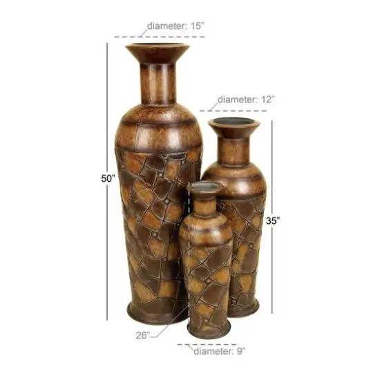 Set of 3 Brown Metal Rustic Vase, 50", 35", 26" {9}