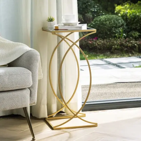 Glitzhome&reg; Metal Tall Accent Table with Glass Top Set Gold {6}