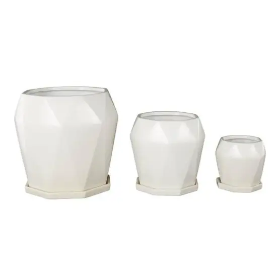 White Faceted Ceramic Planter Set {7}