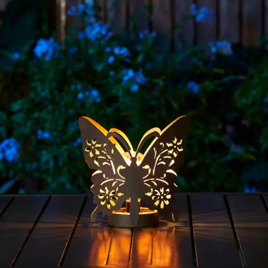 Glitzhome&reg; 9" Metal Flying Butterfly Silhouette Solar Powdered Edison Bulb Outdoor Lantern {5}