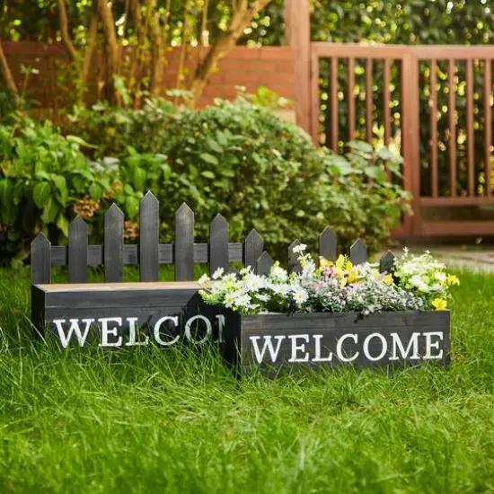 Glitzhome&reg; Black Wood WELCOME Fence-Inspired Planter Stand Set {4}