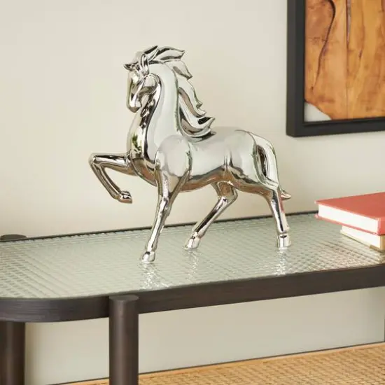 12" Ceramic Prancing Horse Sculpture Silver {6}