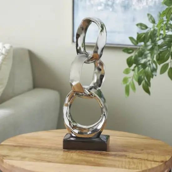 15" Silver Abstract Interlocked Rings Ceramic Sculpture with Black Base {3}