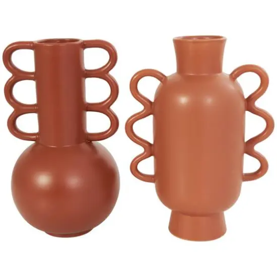 CosmoLiving by Cosmopolitan Geometric Wavy Handles Ceramic Vase Set Orange {1}