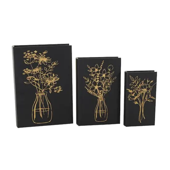 Black & Gold Faux Leather Floral Faux Book Storage Decorative Box Set {4}