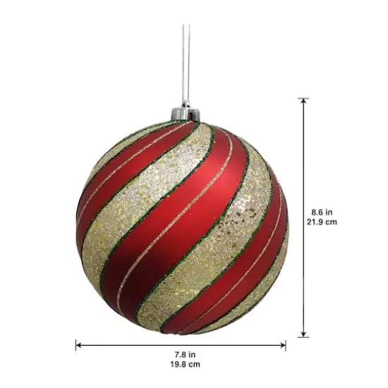 8.25" Red with Green & Gold Glitter Peppermint Stripes Jumbo Ball Ornament by Ashland® {4}