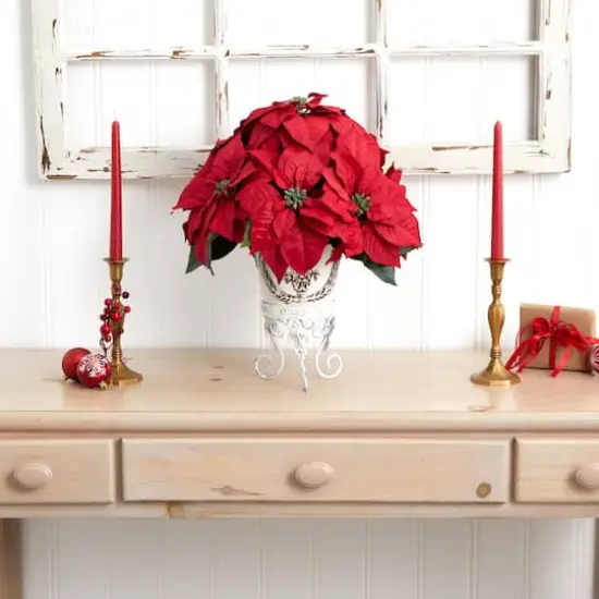 21" Potted Poinsettia with White Metal Planter {5}