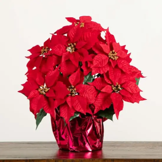 19" Artificial Poinsettia Arrangement in Red Wrapped Planter {6}