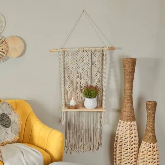 White Cotton Handmade Macrame 1 Shelf Wall Shelf 25" x 6" x 55" {7}