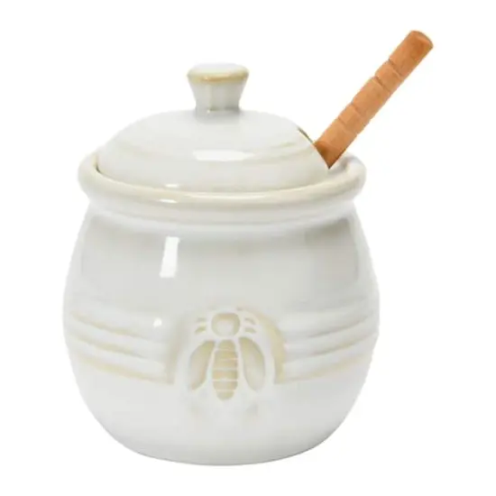 Hello Honey&reg; 3.5" White Ceramic Honey Bee Pot & Wood Dipper {6}