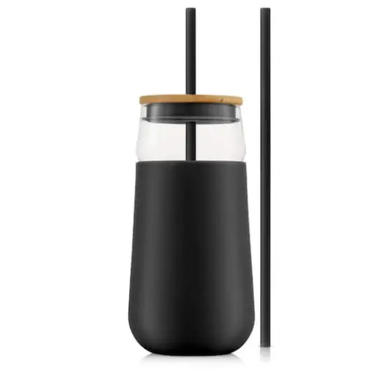 JoyJolt&reg; 20oz. Glass Tumbler with Straws & Silicone Sleeve Black {1}