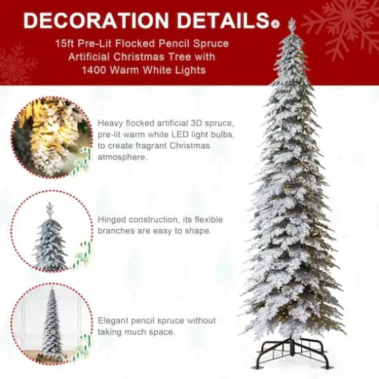 15ft. Pre-Lit Flocked Pencil Spruce Artificial Christmas Tree, Warm White LED Lights {6}