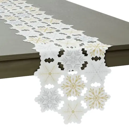 DII® 54" White and Gold Embroidered Snowflakes Table Runner {4}