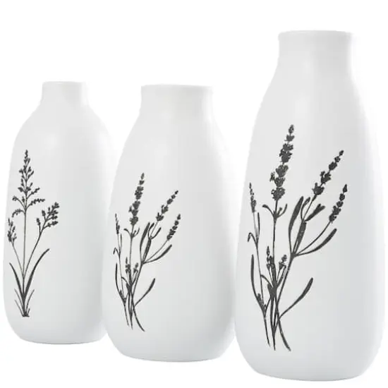 White Ceramic Vase with Black Lavender Prints Set {3}