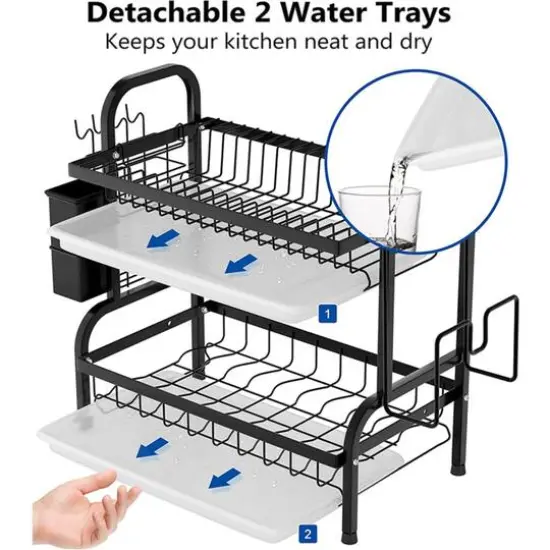 NEX&trade; 16.5" Black 2-Tier Kitchen Dish Rack with Utensil Holder {5}