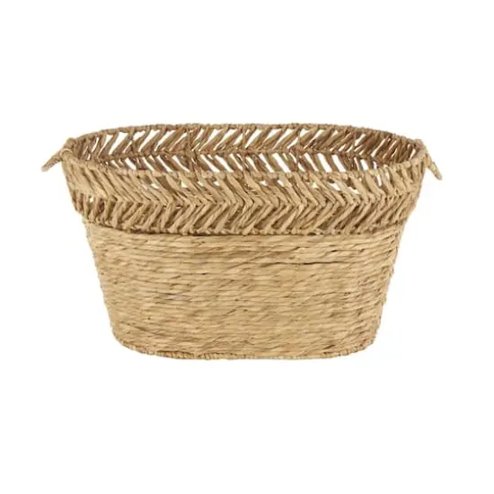 30" Brown Seagrass Handmade Woven Oval Storage Basket with Zig Zag Patterned Rim {4}