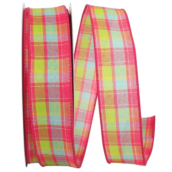 Reliant 1.5" x 10yd. Pink Bright Plaid Wired Ribbon {1}