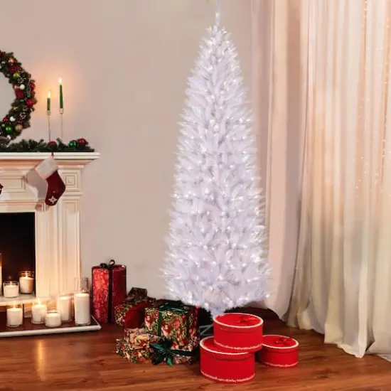 7.5ft. Pre-Lit White Fraser Fir Pencil Artificial Christmas Tree, Clear Lights {3}