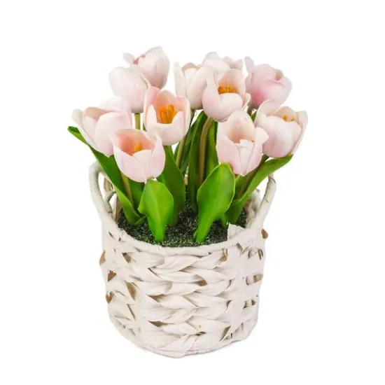 10" Tulip Bouquet in White Basket Light Pink {6}
