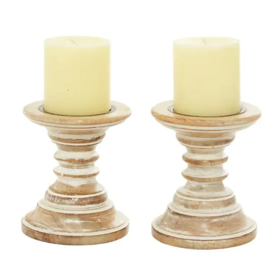 6'' Light Brown Mango Wood Traditional Candle Holder, 2ct. {1}