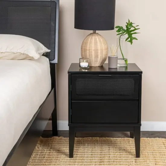Hello Honey® Crawford 24" Nightstand with Storage Drawers and Natural Woven Cane Detail Black Satin and Black {3}