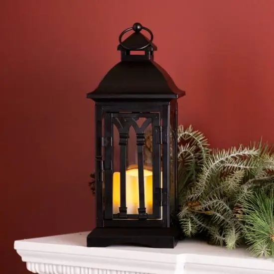 13" Black Metal Lantern with LED Candle {4}
