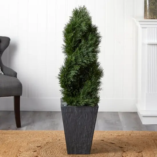 4ft. UV Resistant Cypress Double Spiral Topiary Artificial Tree in Slate Planter {5}