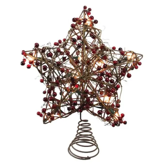 13.5" Brown Rattan With Red Berries Star Christmas Tree Topper, Clear Lights {1}