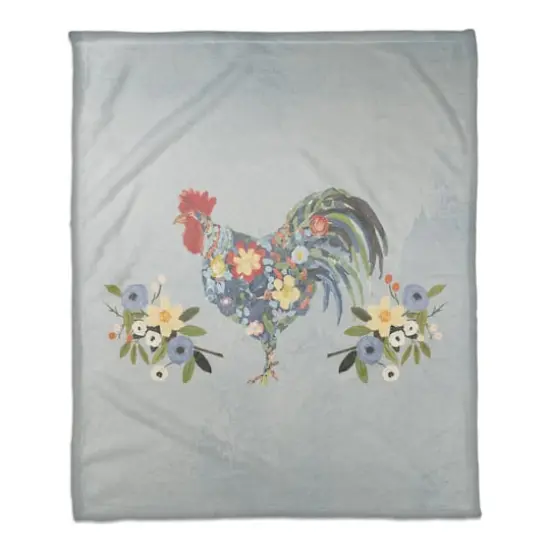 50" x 60" Blue Floral Rooster Collage Coral Fleece Blanket {1}