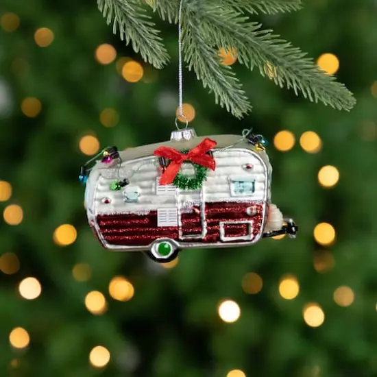 Red & White Vintage Camper Glass Ornament {3}