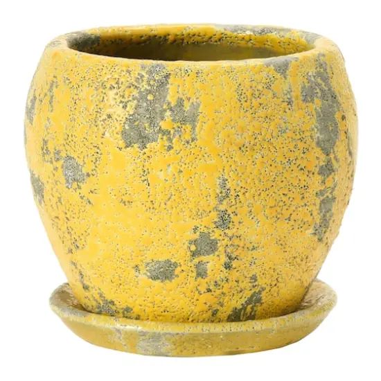 Hello Honey&reg; 5" Distressed Yellow Terra Cotta Planter with Saucer Set {3}