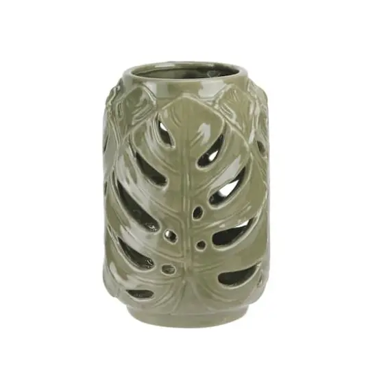 7" Elegant Moss Green Cutout Leaf Ceramic Candle Holder Lantern {1}