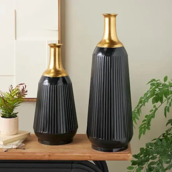 Black Metal Tall Ribbed Decorative Vase Set with Gold Tops {3}
